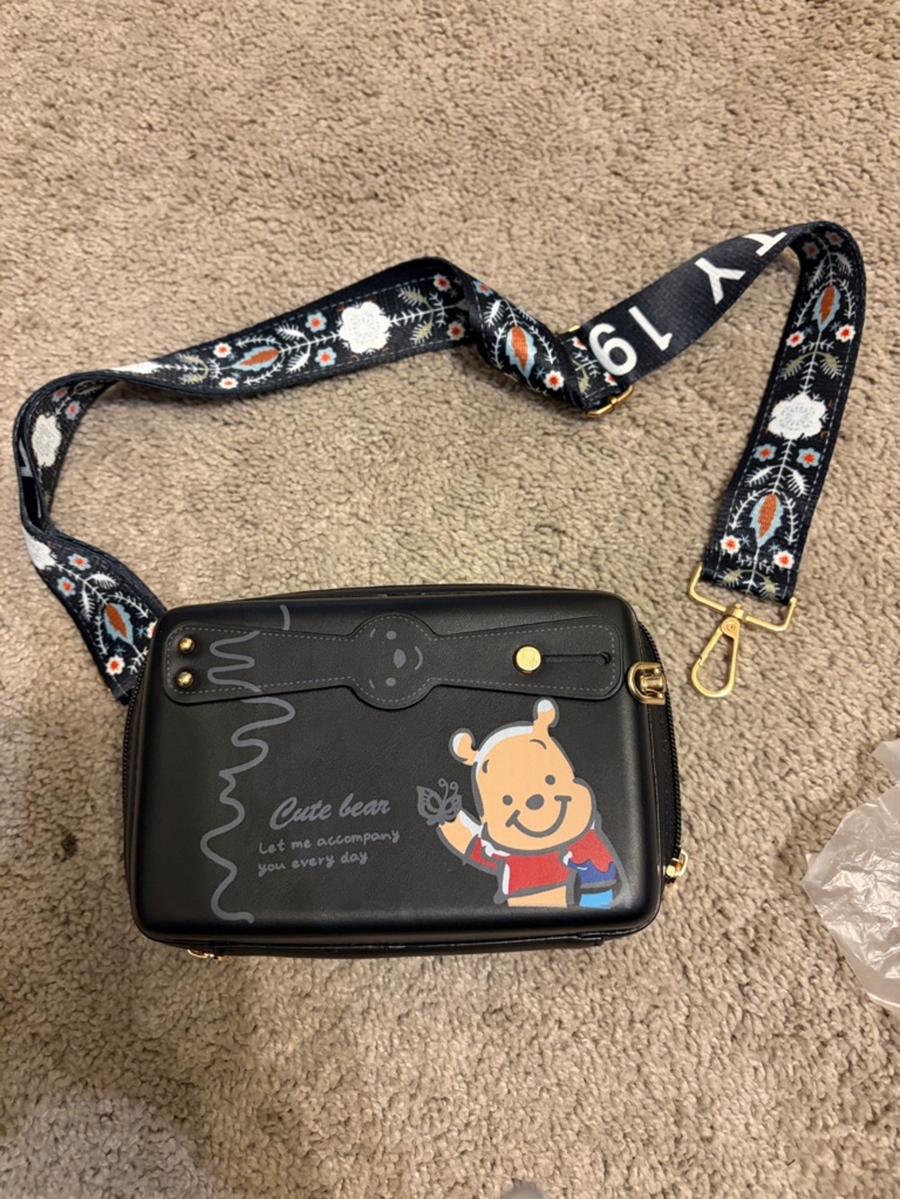 Cute Bear Yellow Crossbody Bag with Adjustable Strap Black